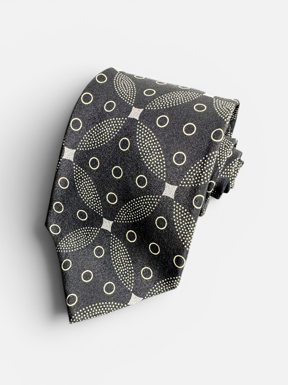 Bally mens black geometric pattern vintage 100% silk neck tie EUC